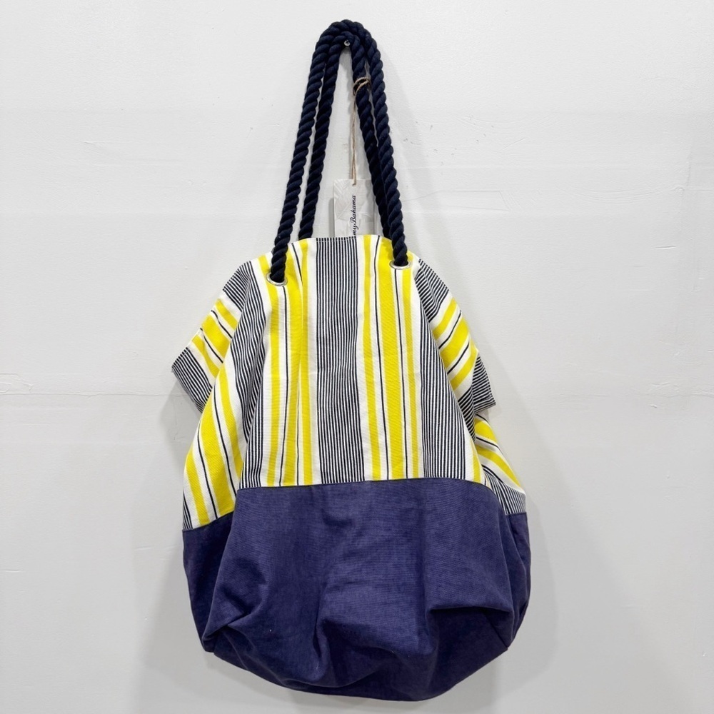 Tommy Bahama Stripe Reusable Tote Yellow Navy Blue Twisted Rope Strap Cotton